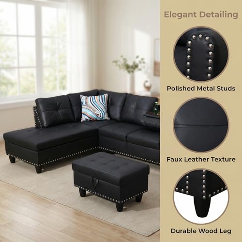 Trygoal Leather 3-Piece L-Shaped Couches for Living Room, Sectional Sofa with Storage Ottoman & Movable Chaise, Modular Convertible Couch for Bedroom & Apartment, Deep Black - Thumbnail 6