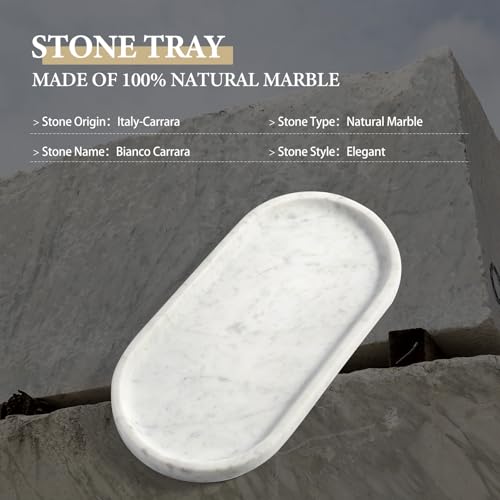 Image of Koville Natural White Marble Tray for Home Decor, 10 inch x 5 inch Marble Vanity Tray for Bathroom Countertop Organizer Stone Trays, Catchall Tray for Perfume, Candles, Jewelry (Bianco Carrara)