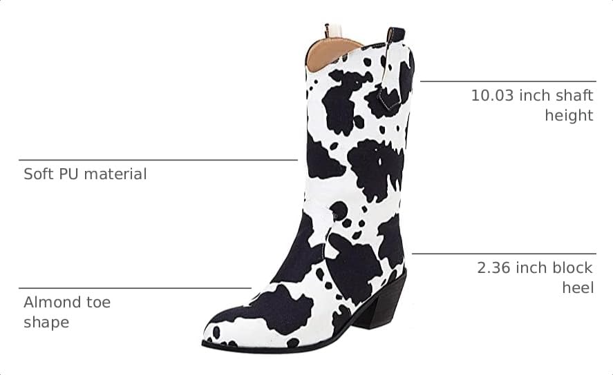 Image of Cozivwaiy Women Mid Calf Cowboy Boots Chunky Heel Half Boot Cow Print Western Boots Plus size (US 4-12.5)