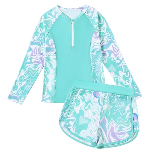 TATAKERI Toddler Girls Long Sleeve Swimsuits Girl Swimwear Little Girls Swimsuits 2 Pieces Toddler Rash Guard Swimsuit Print Light Blue