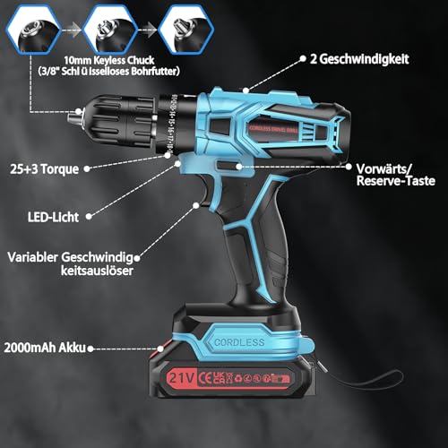 Miniatura 6 de Taladro Percutor a Bateria 21V,Taladro Atornillador Bateria con 2x2.0Ah Baterías, 45Nm Atornillador Electrico,25+3 Ajuste de Par, 2 Velocidad, LED Luz, para en casa y jardín,bricolaje