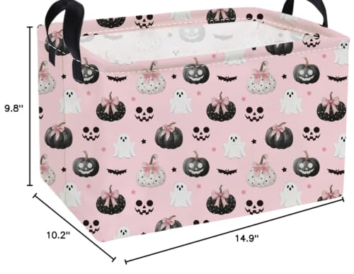 Image of Essme Rectangular Halloween Baskets,Ghost Storage Box,Cute Basket for Kids with Handles for Room Decor, Book Bins,Shelf Basket.(Bow Ghost)