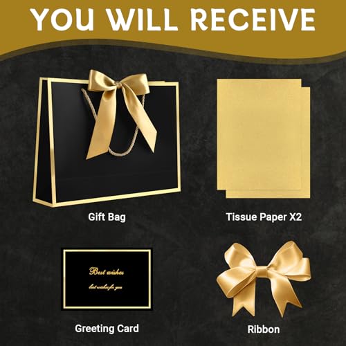 Image of JMANNI Gift Bags with Handles, 13 inch Medium Gift Bags with Tissue Paper | 1 Pcs Black Bag, 2 Tissue Paper and 1 Cards, for Baby Shower, Wedding Bridal Shower, Birthday Party