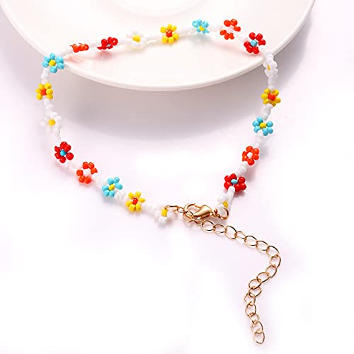 Image of Beaded Anklets for Women Boho Cute Daisy Flower Bead Ankle Bracelets Handmade Waterproof Surfer Anklet Summer Beach Foot Jewelry for Women