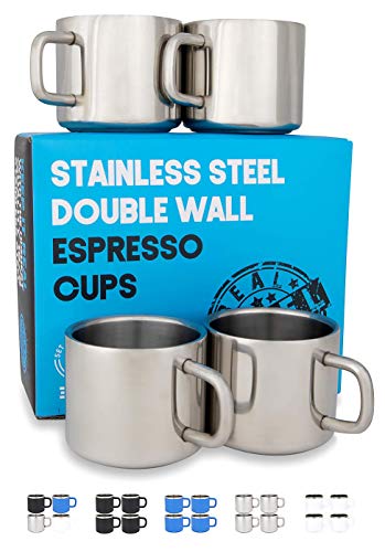 Stainless Steel Espresso Cups Set of 4 Double Wall Insulated 3 Ounce Small Metal Cups with Handle Shatterproof Demitasse Keeps Espresso Hot