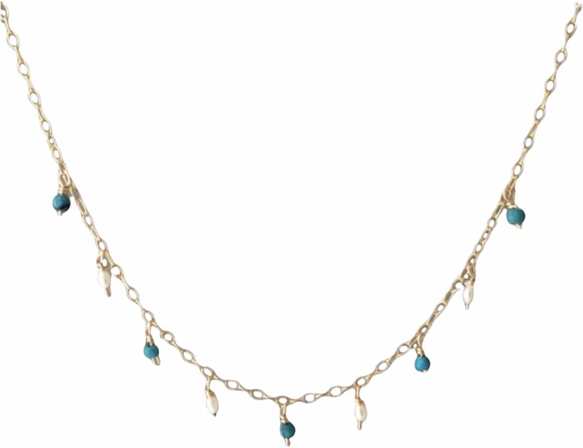 Turquoise and Cultured White Pearl Beaded Necklace available in gold, rose gold, or silver