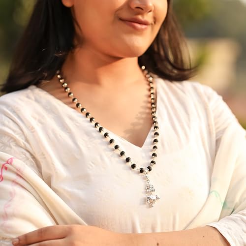 Image of Divine Hindu Trishul Karungali Necklace with Silver Caps (54 Beads) | Shiva Bhakti Jaap Mala for Meditation, Protection & Healing Energy | Spiritual Necklace for Men & Women | Chanting Beads