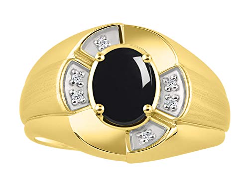 Image of Rylos Yellow Gold Plated Silver Men's & or Ladies Ring with 8X6MM Oval Gemstone & Diamonds - Unisex Color Stone Birthstone Ring Sizes 7-13