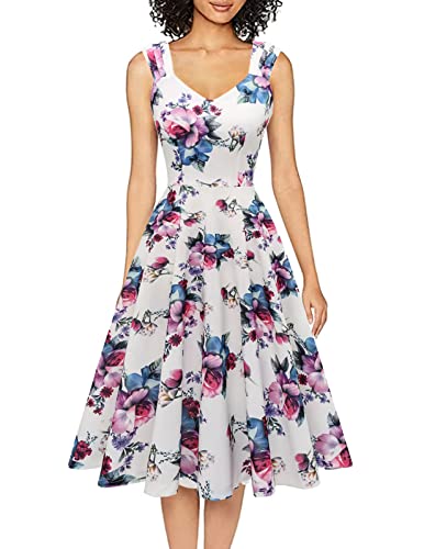 Women Tea Dress for Vintage Cocktail Party Modest A Line Church Dresses Fit Flare Bridesmaid Dress Rockabilly Swing Prom Dress Retro Floral Knee Length Dress for Wedding Guest White Flower 2XL