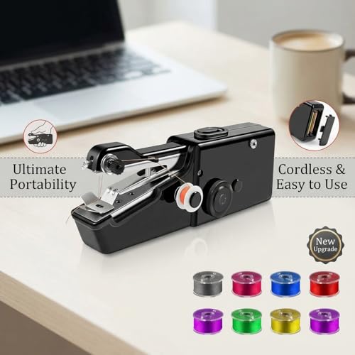 Image of Handheld Sewing Machine, Portable Hand Held Sewing Machine for Adults & Beginners, Cordless Mini Electric Hemming Tool for Denim, Fabric & Quick Home & Travel Repairs (Black)