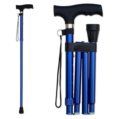 Image of Dr Care 4 Folding Walking Stick for Old Age | Aluminum | Adjustable Height 85-95 cm | Lightweight | Anti Slip | Ergonomic Handle | Rubber Tip | Wrist Strap (Blue)