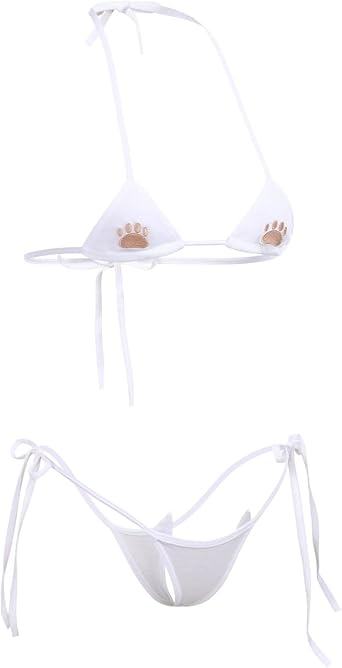 Womens Cute Kawaii Anime Cat Kitten Lingerie Set Micro Bikini Strappy Tiny Bra Mini Panty Extreme Swimsuit