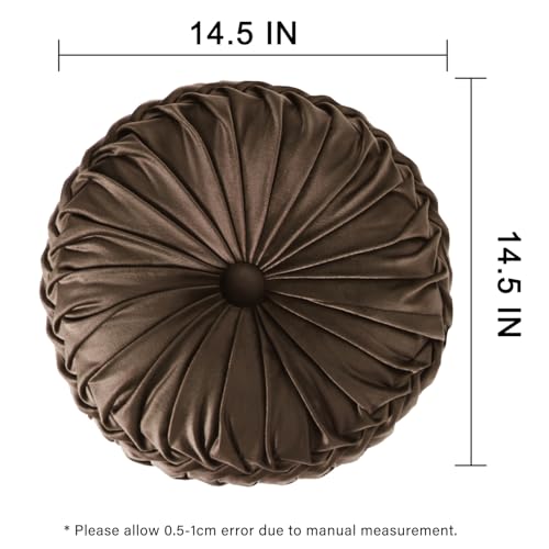 Image of HIG Set of 2 Decorative Round Pleated Throw Pillows,Classy Accent Pumpkin Throw Pillows with Center Button,Vintage Velvet Floor Pillows for Sofa Vanity Chair Bed,Chocolate,14.5 inch Diameter(Ripple)