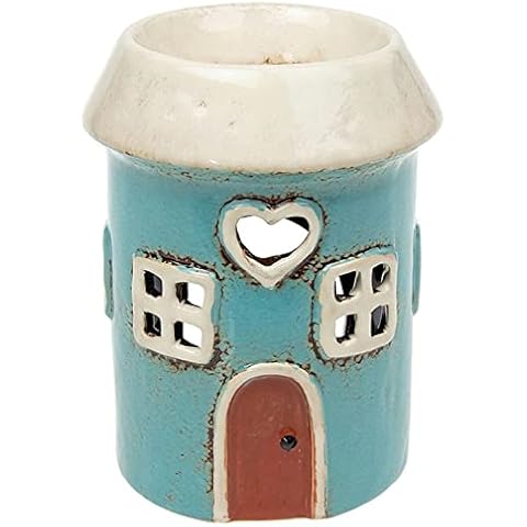 Shudehill Giftware Village Pottery Round Blue House Ceramic Tealight Holder and Warmer for Wax Melts and Oil Cover