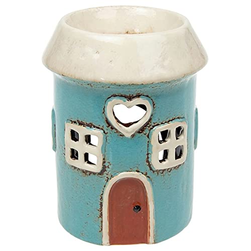 Shudehill Giftware Village Pottery Round Blue House Ceramic Tealight Holder and Warmer for Wax Melts and Oil