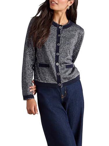 White Stuff Gilet à Paillettes Charlotte de - Col Rond, Coupe Classique, Maille de Coton - Bleu foncé - Taille 44