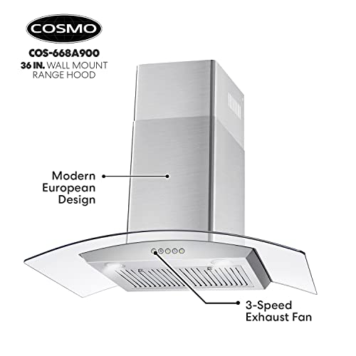 Cosmo Cos-668A900 Wall Mount Range Hood 380-Cfm With Ducted Glass Chimney Kitchen Stove Vent, Led Light, 3 Speed Exhaust Fan, Permanent Filter, Stainless Steel (36 Inch) #TOP6