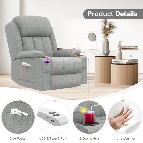BareTay Lift Chairs Recliner Chairs For the Elderly with Massage & Heat, Extended Footrest Padded Backrest & Seat, USB+Type C Ports, 2 Cup Holders 2 Side Pockets