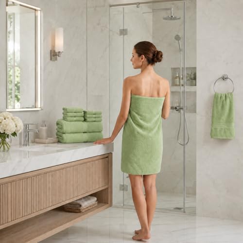 Image of Sulfar 100% Combed Cotton, 8 Pcs Towel Set - 2 Bath Towels (70 x 140 cm), 2 Hand Towels (40 x 70 cm) and 4 Face Towel (30 x 30 cm) (600 GSM, Pack of 8) Nature Green
