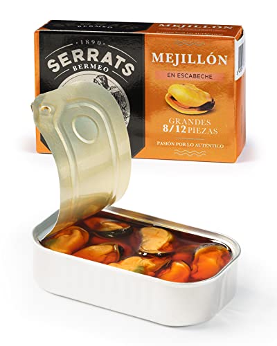 Conservas Serrats - Mejillones GRANDES en Escabeche - 8/12 mejillones por lata (110g)