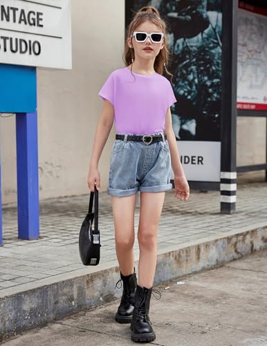 Image of Arshiner Girls Shirt Crop Tops Short Sleeve Summer Drop Shoulder Batwing Sleeve Crewneck Loose T Shirt Tee