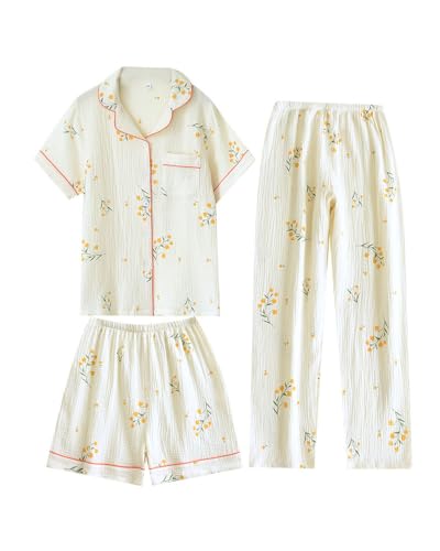 Image of codcm Womens 3pcs Cotton Pajamas Set Short Sleeve Sleepwear Fruit Print Cute Pj Set with Long Pants