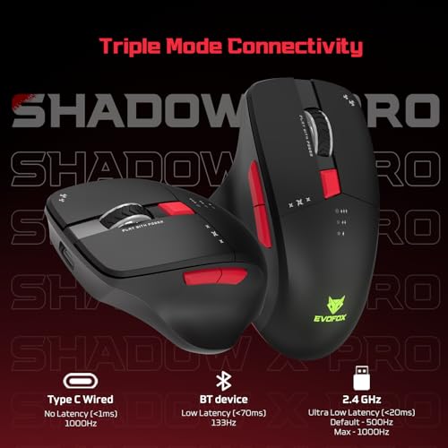 EvoFox Shadow X Pro Wireless Gaming Mouse Tri-Mode Rechargeable | BT, USB 2.4G & Wired, S203 Sensor, 1000Hz Polling Rate, 6400 DPI, RGB Lighting, 6 Programmable Buttons, Software Support view 2