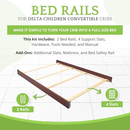 Image of Full-Size Conversion Kit Bed Rails Compatible with Delta Children Convertible Cribs - Solid Wood Rail #0050 - Toddler and Adult Bed Rail for Full-Size Beds - Baby Furniture (Antique Chestnut - 2100)