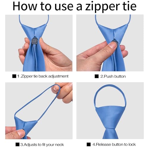 Image of YourTies Zipper Tie for Men Adjustable Pre-tied Satin Neckties and Pocket Square Set Solid Color Business Formal Wedding