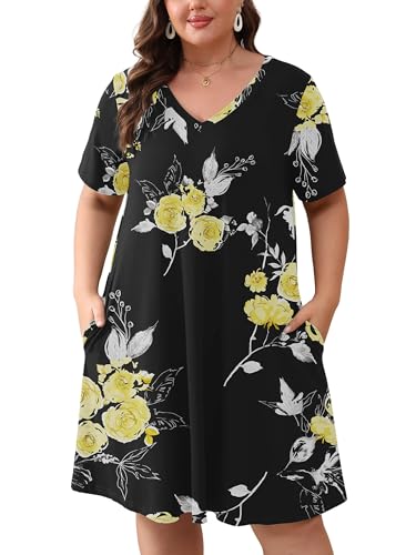 Image of AusLook Plus Size Midi Dress for Women Loose V Neck Short Sleeve Summer Casual A Line T Shirt Sundresses with Pockets 1X-5X