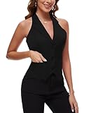 Kyzoeyou Chaleco corto para mujer, con 3 botones, cuello halter, solapa con muesca, chaleco formal de esmoquin, bolsillos soldados, chaleco de oficina, B-negro, S