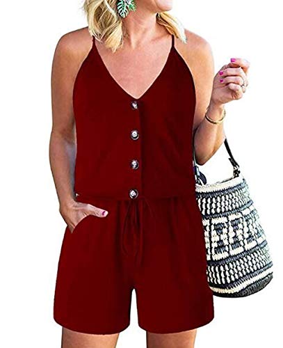 KIRUNDO Women Spaghetti Strap V Neck Button Down Drawstring Waist Relaxed Fit Solid Pockets Short Pant Jumpsuit Romper (Small, Wine Red)