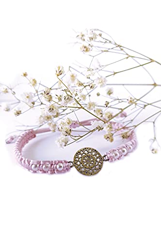 Pulsera rosa con símbolo mandala y perlas, Amuleto, Brazalete Lohas, Estilo boho chic, regalo especial, yoga, ajustable (Rojo)