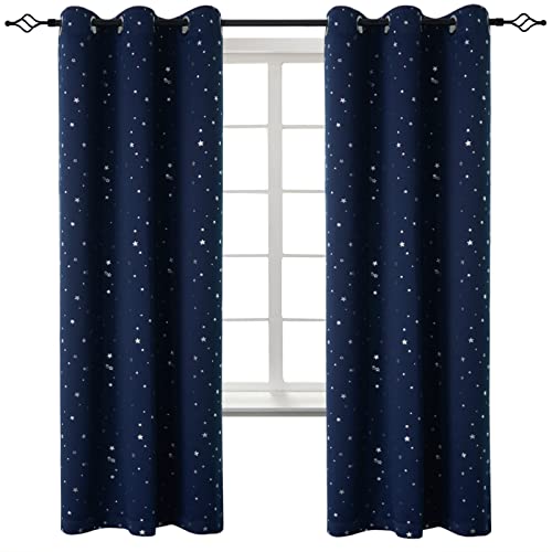 Image of BGment Kids Blackout Curtains for Boys Bedroom - Grommet Thermal Insulated Silver Star Print Room Darkening Curtains for Living Room, Set of 2 Panels (42 x 72 Inch, Navy)