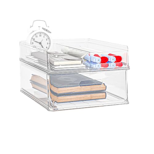 MineSign 2 Pack Desk Organizer with Drawers Stackable Paper Letter Tray for Office Organization Multi-functional Plastic Storage Box for Office Supplies Makeup Jewelry Beauty Accessories