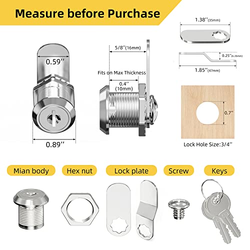 Cabinet Cam Lock Set, 5 Pack Keyed Alike 5/8 Inch Cylinder Cam Locks Secure Mailbox File Drawer Dresser RV Compartment Lock Tool Box Replacement Hardware, Chrome-Finish Zinc Alloy