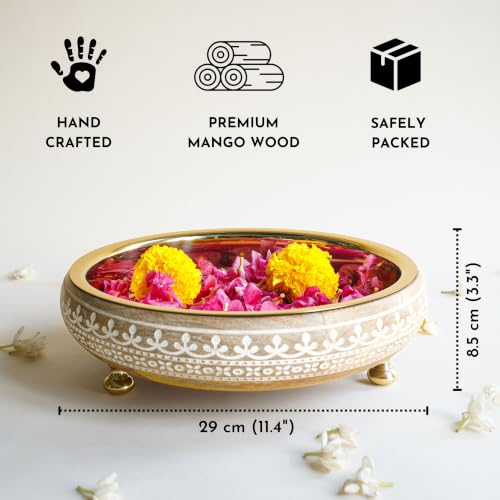 Image of BEHOMA Wood & Metal Design Urli Tray, 11 inch | Wood & metal design urli tray, 11 inch; perfect for wedding, Diwali gifting & Durga Puja Navratri decor.
