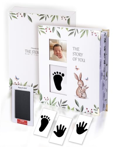 Image of HappyCubbs Baby Book Keepsake - Baby Memory Book for Boy or Girl - Baby Journal, Pregnancy Journal with Hand and Footprint Ink Pad - First 5 Year Baby Milestone Book