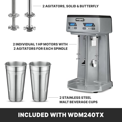 Image of Waring Heavy-Duty Double Spindle Drink Mixer | 2 Independent 1 Horsepower Motors with Digital Display, Milkshake Maker Machine for Ice Cream Shops