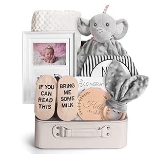 iAOVUEBY Baby Shower Gifts, Baby Gifts for Girls Boys, Baby Gift Basket Essentials Newborn Blanket Baby Lovey, Infant Milestone Keepsake Kit Wooden Toy, Funny Bibs Socks & Greeting Card (Elephant)