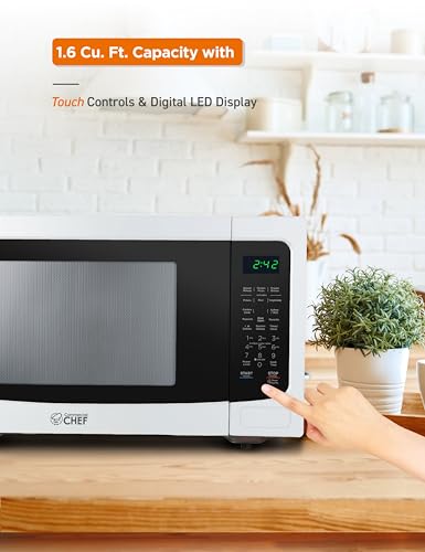 Commercial Chef 1.6 Cubic Foot Microwave with 10 Power Levels, Small Microwave with Push Button Child Safety Lock, 1100 Watt Microwave with Digital Control Panels, Countertop Microwave & Timer, White