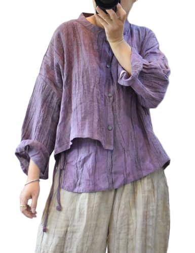 NFYM Women's Linen Asymmetrical Shirt Top Irregular Hem Tie Retro Stand Collar Button Blouse Shirts2