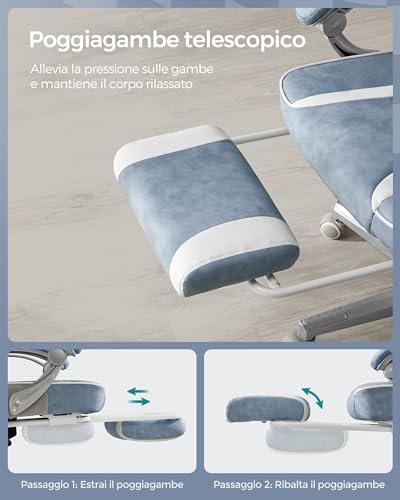 Sedia da Ufficio, Poltrona Racing Ergonomica, Poggiapiedi Telescopico, Schienale Inclinabile, Poggiatesta e Supporto Lombare, Portante di 150 kg, Blu Turchino e Bianco Crema OBG073Q01 - Sedia gaming - Immagine 6