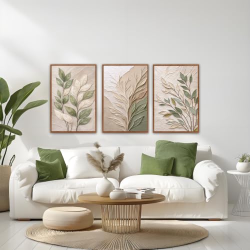 Image of CHDITB 3D Impasto Sage Green Leaf Wall Art, Boho Earth‑Tone Foliage Decor