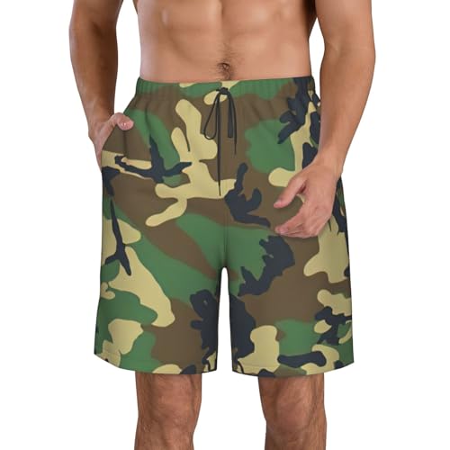 WURTON Green Military Camo Print Mens Swim Trunks Quick Dry Bathing Suits Summer Holiday Beach Board Shorts Pockets