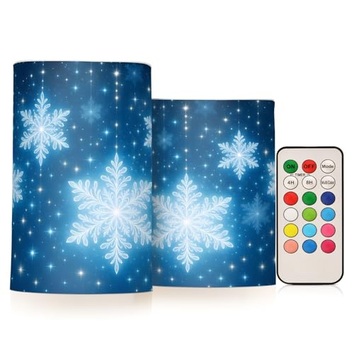Image of Flickering Flameless Candles, Christmas Snowflakes Blue Background LED Candles with Remote Timer, Set of 2 Battery Operated Candle for Valentine Wedding Birthday