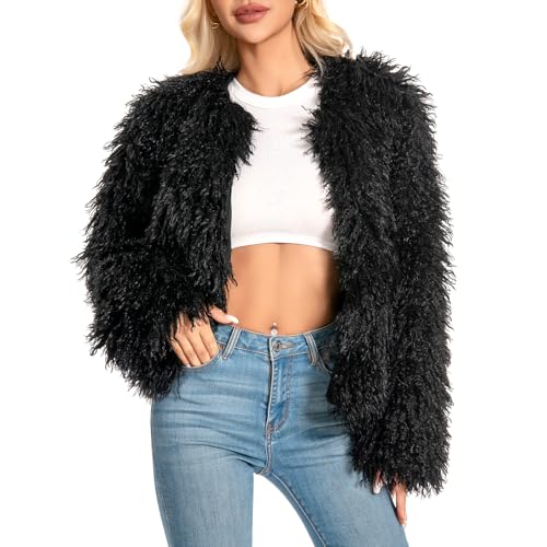 WELLATENT Fur Coats For Women, 2025 Plus Size Mongolian Faux Fuzzy Jacket Fluffy Long Sleeve Winter Coat with Pockets.