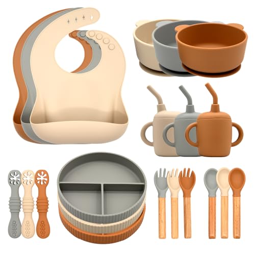 Image of CHCC Silicone Baby Feeding Set 21 Pcs, Baby Led Weaning Supplies, Baby Feeding Supplies Set BPA Free, Essentials for Newborn Gift Walnut Color, Beige, Smoky Gray