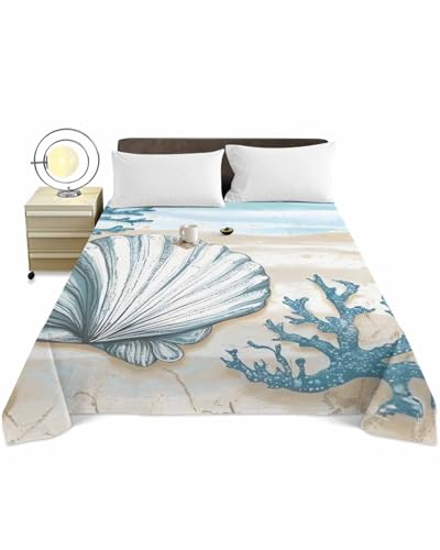 Twin XL Top Sheet Bedding Flat Sheet Only, Cartoon Shell Gradient Blue Waves Soft Microfiber Bed Sheets Hotel Luxury, Summer Ocean Beach Coral Breathable Top Sheets Easy Care