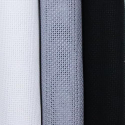 Image of KCS 3 pc of 15 inch x 18 inch(38cmx45cm) 18 Count Cross Stitch Cotton Aida Cloth Needlework Rolled Fabric Box,18CT,White+Light Steel Grey+ Black